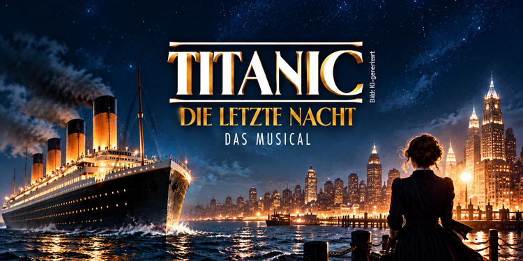 KI-generiertes Motiv zum Titanic-Musical Berlin 2028 mit beleuchtetem Ozeandampfer, nächtlicher Skyline und einer Frau am Hafen.