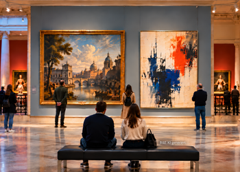 Historische und moderne Kunst in einer Berliner Museumsgalerie zur Ausstellung Über Zeiten