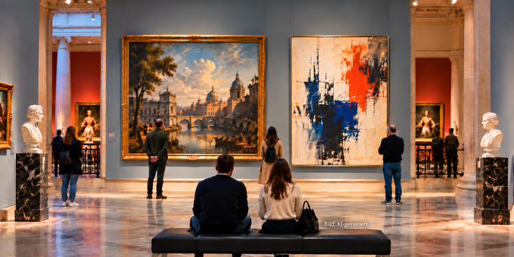 Historische und moderne Kunst in einer Berliner Museumsgalerie zur Ausstellung Über Zeiten
