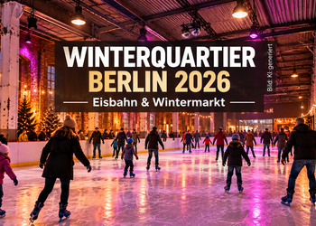 KI-generierte Illustration zum Winterquartier Berlin 2026 mit Schlittschuhläufern auf einer beleuchteten Eisbahn in einer historischen Industriehalle.