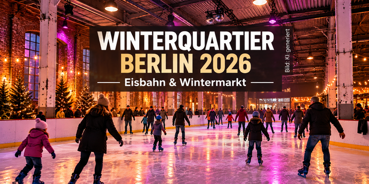 KI-generierte Illustration zum Winterquartier Berlin 2026 mit Schlittschuhläufern auf einer beleuchteten Eisbahn in einer historischen Industriehalle.