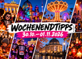 KI-generierte Collage der Wochenendtipps für Berlin vom 30. Oktober bis 1. November 2026 mit Halloween, Winterrummel, Jazz und Familienausflügen.