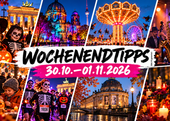 KI-generierte Collage der Wochenendtipps für Berlin vom 30. Oktober bis 1. November 2026 mit Halloween, Winterrummel, Jazz und Familienausflügen.