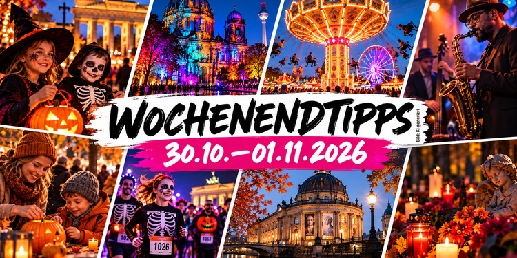 KI-generierte Collage der Wochenendtipps für Berlin vom 30. Oktober bis 1. November 2026 mit Halloween, Winterrummel, Jazz und Familienausflügen.