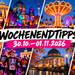 KI-generierte Collage der Wochenendtipps für Berlin vom 30. Oktober bis 1. November 2026 mit Halloween, Winterrummel, Jazz und Familienausflügen.